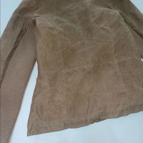 QUINN camel brown tan asymmetrical faux suede zip up jacket long sleeve medium - Picture 11 of 11